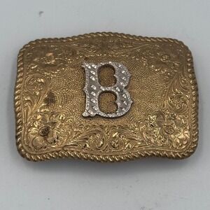 Crumrine El Arturo Bronze Western Belt Buckle Floral Engraved Initial B Vintage